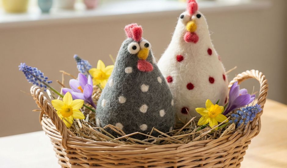 Ein weißes und ein graues Filzhuhn in einem Osternest
